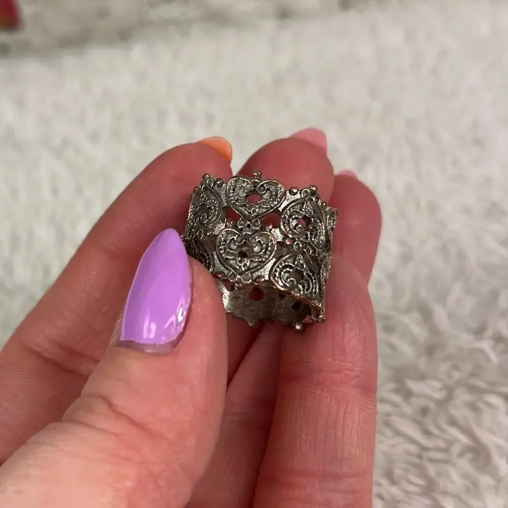 Vintage Silver Two Rows of‎ Hearts Victorian Filigree Style 90s Ring Retro Punk
